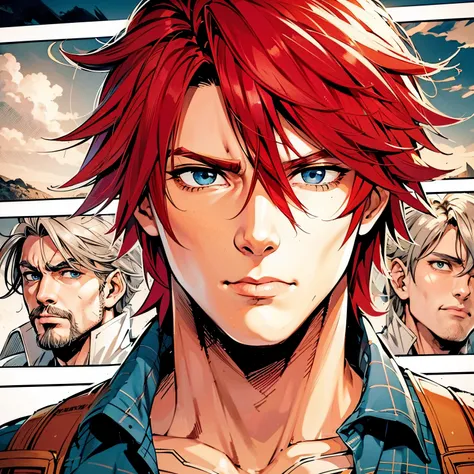 comic panel anime: boku no hero. man with red long hair; blue eyes. he is wearing casual clothes. father vibe. father energy. ma...