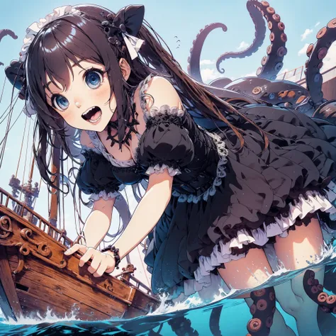 giant girl leaning out of the sea. she wears a gothic dress. dress with ruffles. innocent laughter.  grab and sink the ship. woo...