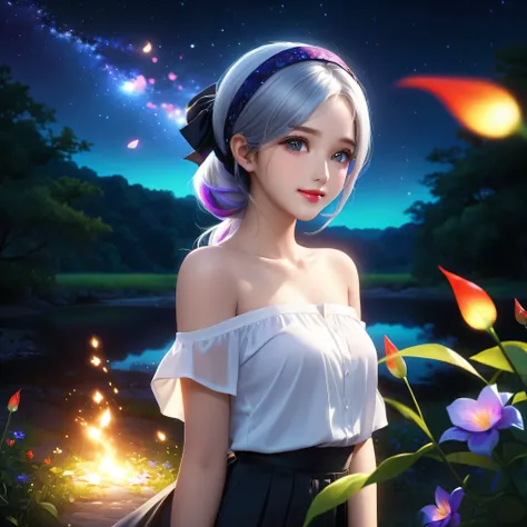 nebula starry_sky borealis night dark ambiant cinematic moonlight, white shirt, black skirt, light hair, semi-long hair, beautiful detailed girl, extremely detailed eyes and face, beautiful detailed eyes, shy, natural_lighting, glow,nsfw, clean sky, lookin...
