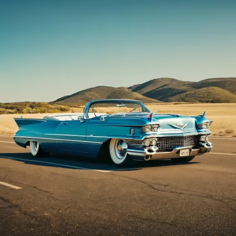 DIAGONAL image of A beautiful 18 year old girl driving inside a 1959 hot rod Cadillac Eldorado Biarritz convertible limousine, COR azul cromado METALICO reflexivo, metallic blue color, Estilo Hotrod , a pintura reflete a luz do sol forte, reflexo do brilho...