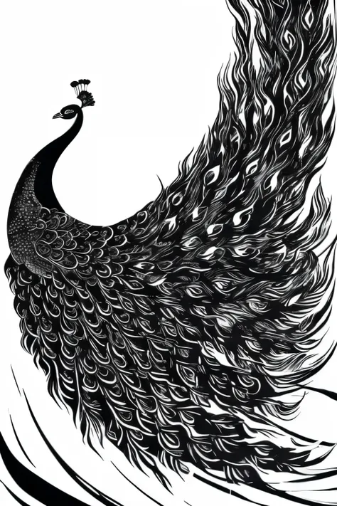 best quality, super fine, 16k, delicate and dynamic, black and white ink painting, peacock god, water blur effect, brush stroke ...