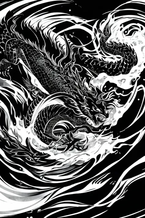 best quality, super fine, 16k, delicate and dynamic, black and white ink painting, dragon god, water blur effect, brush stroke e...