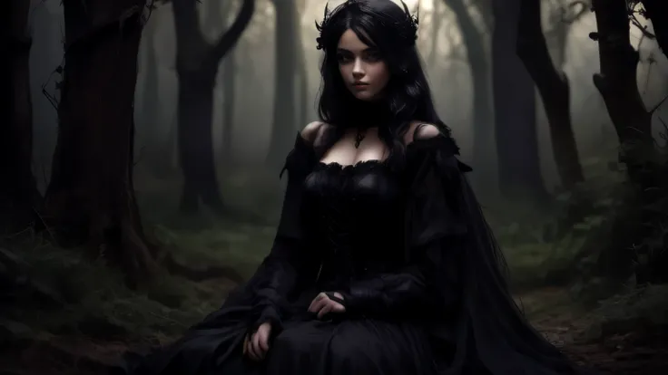una mujer vestida de negro sentada en el suelo en un bosque, Gothic maiden, Gothic maiden of the dark, gothic woman, dark and Gothic, Gothic horror vibes, pale gothic beauty, Bruja oscura, dark gothic queen, gothic girl, muy hermosa top model gotica, Gothi...