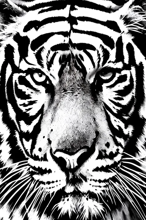 best quality, super fine, 16k, delicate and dynamic, black and white ink painting, white tiger god, water blur effect, brush str...