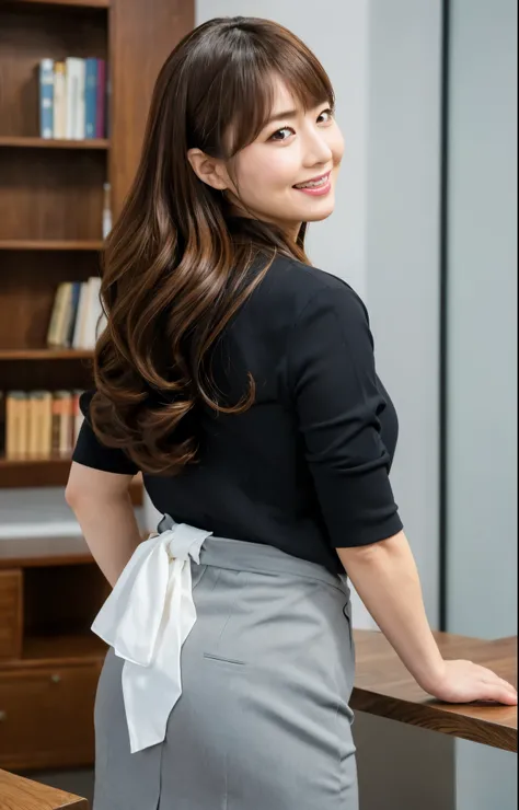 (Best quality, 8k, 32k, Masterpiece, UHD:1.2), from behind, 1 walking girl, beautiy Japanese office lady, (smile:0.5), (looking at the the viewer), 30 years old, bit chubby, white shirt, black skirt, office room, desk, detailed beautiful face, twin-tail wa...