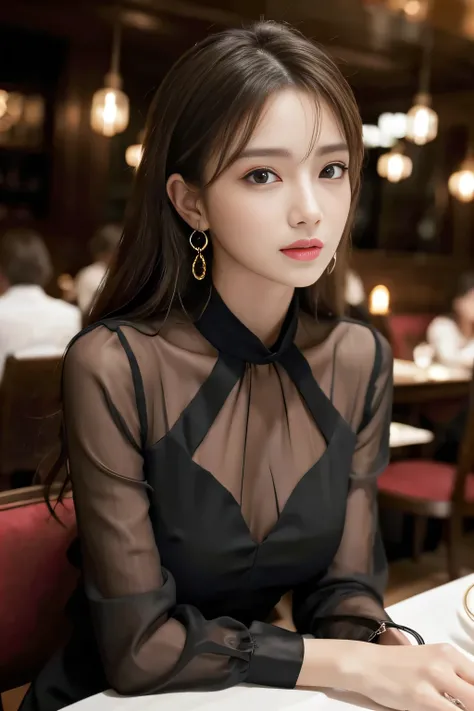 masterpiece, highest quality, Realistic, Very detailed, Finer details, High resolution, 8k wallpaper, One beautiful woman,Wear an elegant black see-through blouse, In a great restaurant, At night, Light brown messy hair, Perfect dynamic composition, Beauti...