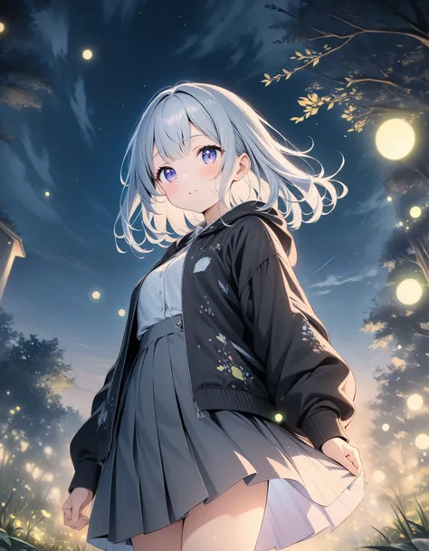 ((style:Colored pencil,pale colour)),(anime)、(masterpiece:1.2),atmospheric perspective,lens flare,One Girl, Firefly Garden, There are lots of little faint lights and fireflies flying around