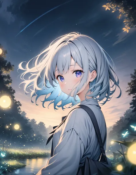 ((style:Colored pencil,pale colour)),(anime)、(masterpiece:1.2),atmospheric perspective,lens flare,One Girl, Firefly Garden, There are lots of little faint lights and fireflies flying around