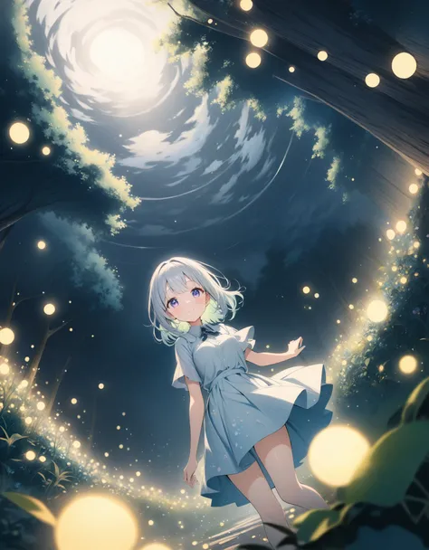 ((style:Colored pencil,pale colour)),(anime)、(masterpiece:1.2),atmospheric perspective,lens flare,One Girl, Firefly Garden, There are lots of little faint lights and fireflies flying around,cute