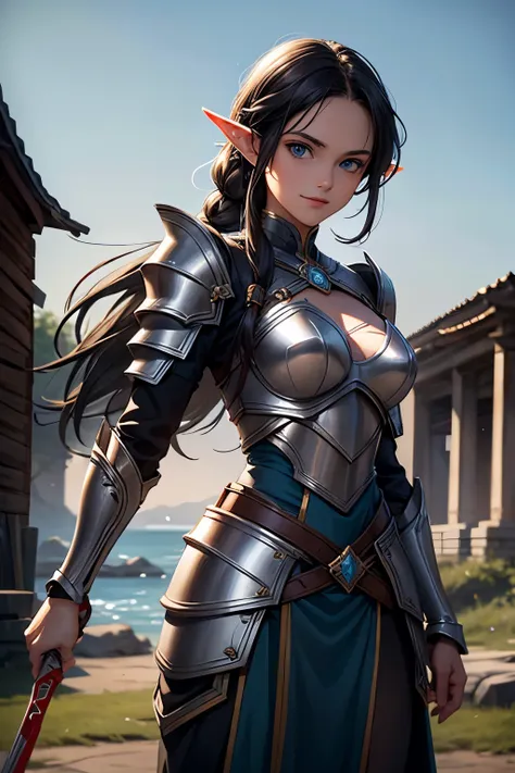 artwork, best quality, 1 female elf, 1 girl, long black hair in braids, blue eyes, small bust, looking at viewer, weapons depot,...