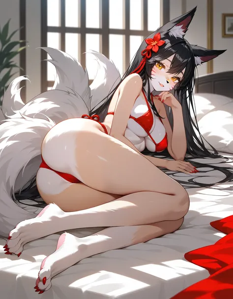 Solo, score_9,score_8_up,score_7_up, source_cartoon, source_furry, ahri from league of legends as an Anthro furry white fox girl, ((Anthro furry fox, white furry body, Fox short,)):1.4, black ears,m, indoors, wearing skimpy red string bikini, barefoot, fee...