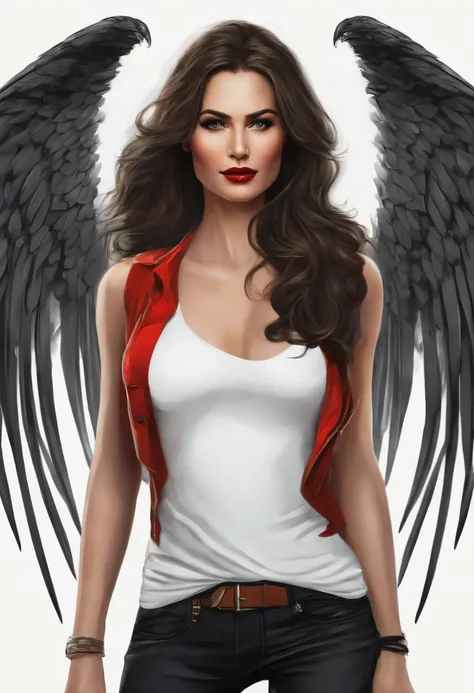 Light brunette woman from the front aged between 35 and 40 years tall highly defined face black eyes red lipstick white tank top black jeans long hair slightly annulated with wings of fire like a phoenix, warrior look with a guitar in her hand, scenery of ...