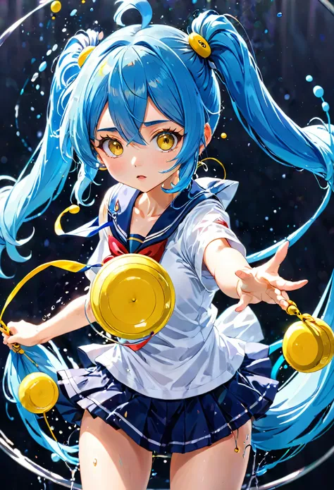 Blue haired anime girl holding yellow spine in hand, Splash Art Anime , Anime Style 4k, gyroscope, Light blue long hair、Beautiful girl with twin tails、Sharp Face、playing a yoyo.spin a yoyo up and down on its string、Throwing a Yo-Yo、Sailor suit