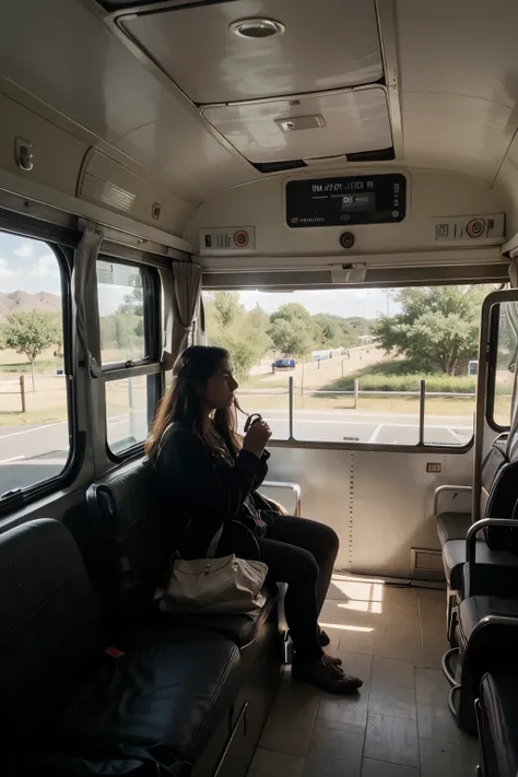 viaje en bus, acostado, toma desde atras, ventana con paisaje