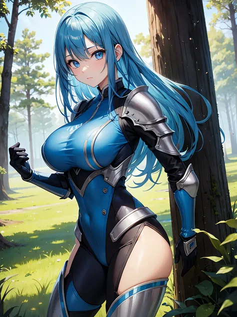 Beauty hunter girl, blue eyes, blue hair, full armour, big breasts, perfect eyes, fitted suit, at forest