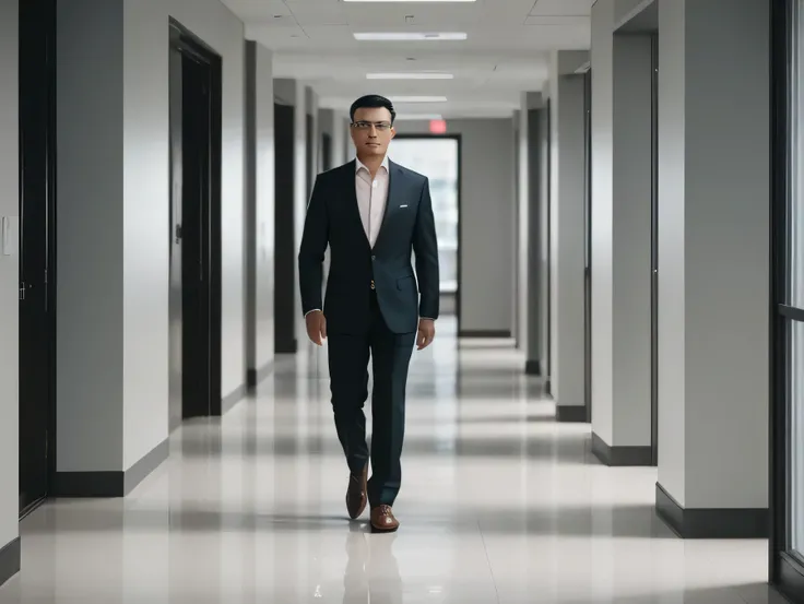 Create an image of a man investor, wears formal clothes, wears dress shoes, investment context, business environment, perfect face, walks down a corridor, clean building, best quality, 8k hd, DSLR, film grain, photorealistic painting Fujifilm XT3