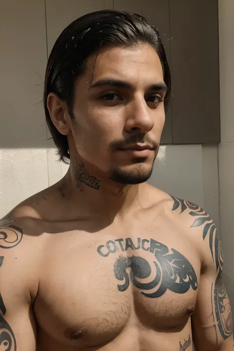 Homem brasileiro com poucas tatuagens, aparencia de 26 anos e cabelo encaracolado