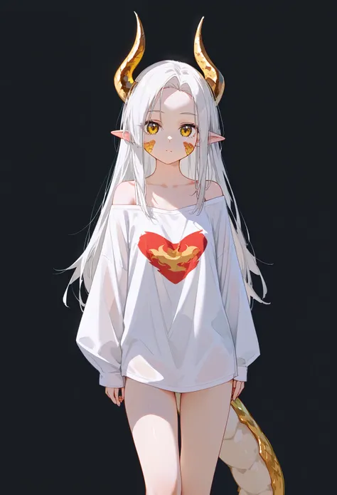 1girl, solo, long hair, white hair, parted bangs, short bangs, forehead, yellow eyes, dragon girl, golden dragon horns, dragon t...