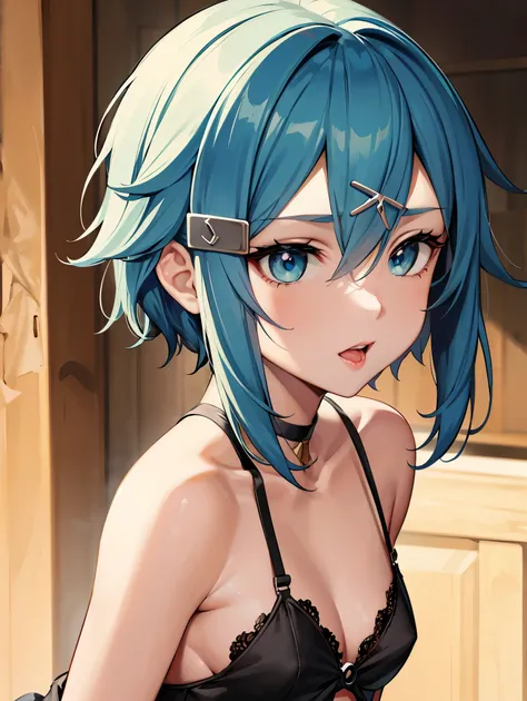 deep skin,textured skin,shinoasada, sinon, blue eyes, blue hair, hair ornament, hair between eyes, hairclip, short hair, sidelocks, (small breast:1.2),
BREAK white lingerie:1,2)
BREAK The upper part of the body，（big laughter：1.1），（with her mouth open：1.1），...