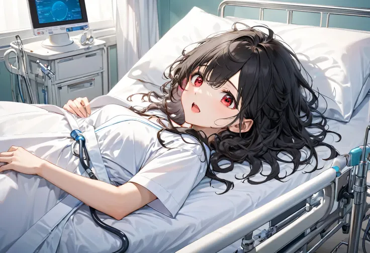 (rest style) (own back Lying on the bed), (solo curly:1.2 black hair long hair cute girl, astonished red eyes, open mouth), (15 yo), (in a white Hospital gown), BREAK, (in the Hospital bedroom, bed side on Vital Instruments), BREAK, perfect anatomy, master...