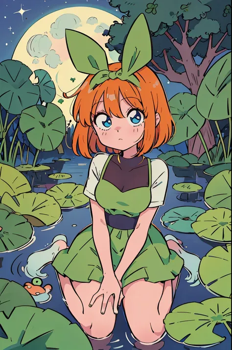 Yotsuba nakano, orange bob hair, green ribbon, blue eyes, frog girl, frog ears, frog legs, frog hands, colored skin, dark green skin, frog clothes, sitting on the lotus, lake, moon, moonlight, star, sparkle, dot, detailackground, best quality