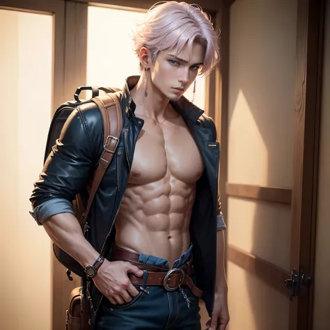 8k, masterpiece, best quality, realistic, higly detailed, cowboy shot, 1boy, solo, Uesugi Fuutarou, young boy, very short hair with a single long strand on the right side, white-pink hair, a single earring, dark blue eyes, average height, well-endowed figu...