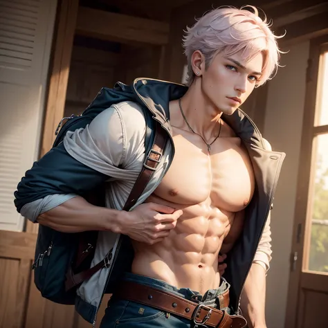 8k, masterpiece, best quality, realistic, higly detailed, cowboy shot, 1boy, solo, Uesugi Fuutarou, young boy, very short hair with a single long strand on the right side, white-pink hair, a single earring, dark blue eyes, average height, well-endowed figu...