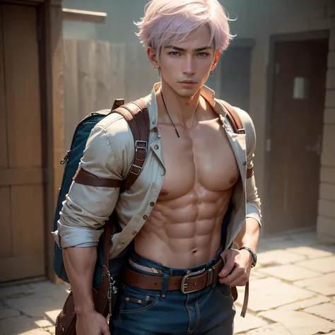 8k, masterpiece, best quality, realistic, higly detailed, cowboy shot, 1boy, solo, Uesugi Fuutarou, young boy, very short hair with a single long strand on the right side, white-pink hair, a single earring, dark blue eyes, average height, well-endowed figu...