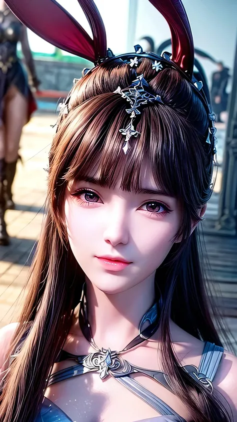 Close-up：A man wearing rabbit ears、Woman holding a sword, Queen of the Sea Mu Yanling, Portrait of zodiac girl knight, Lineage 2 style, Smooth anime CG art, Game CG, Beautiful fantasy queen, Complex and gorgeous anime CGI style, Drink, Goddess Close-up, an...