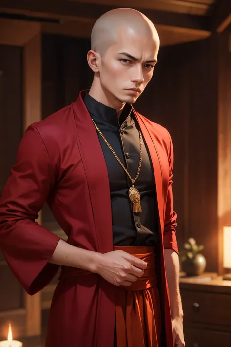 Young man monk in fancy red clothes glaring hard at the front