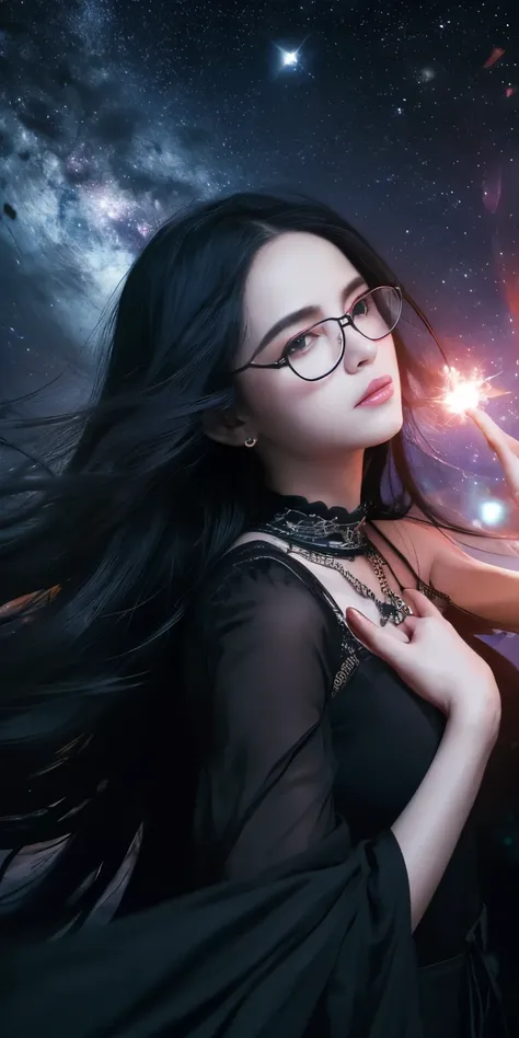 (highest quality,High resolution:1.2),(dark,Threatening:1.1)、((((Glasses)))),(Bad luckな:1.1), In the vortex of space,
Heart of a Goth Maiden, Very dark shade.
Her Eyes, Like dazzling fur in a starless haze,
A symphony of despair in their eyes.
Her Mogul Sn...