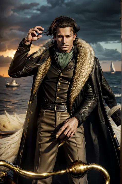 masterpiece, best quality, extremely detailed, hyperrealistic, photorealistic, a cool 40s man, ultra detailed face:1.2, fur-trimmed coat, scarf around the neck, his left hand is a golden pirate hook:1.1, outraged, stormy sea:1.1, on yacht, dynamic pose
