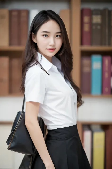 Beautiful student girl, good figure, beautiful face, attractive, wearing a student uniform, white shirt, top and short black skirt, standing and choosing books, in the library.