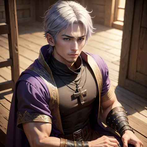 8k, masterpiece, best quality, realistic, higly detailed, cowboy shot, 1boy, solo, Takashi Mitsuya, man, downturned lavender eyes, short silver-lilac hair, muscular body, concealed dragon tattoo on right temple, black huggie earring in a cross design on le...