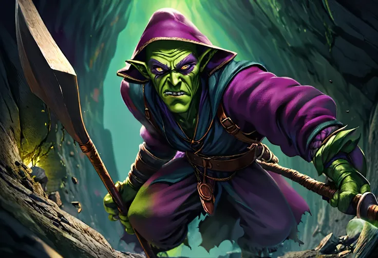 a clever, vicious green goblin, big detailed eyes, long ear hair, tattered mystic robe, wielding a pickaxe, lots of mystic pouches, quickly sneaking around a cavern, cinematic lighting, surreal, dark fantasy, highly detailed, 8k, photorealistic, sharp focu...