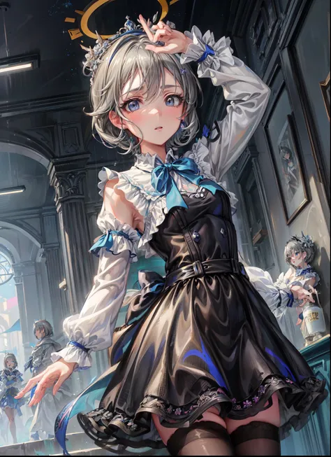 masterpiece, best quality, highres, 1girl, solo, anastasia (idolmaster), idolmaster cinderella girls, blue eyes, short hair, grey hair, black dress, cowboy shot, , closed mouth, upper_body,