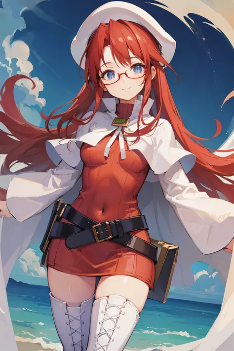 summonnightaty, aty, (young:1.3),long hair, blue eyes, red hair, large_beret, hat, glasses,
BREAK long hair, thighhighs, hat, dress, boots, glasses, belt, cape, sweater, zettai ryouiki, beret, thigh boots, white footwear, ribbed sweater, loose belt,solo,
B...