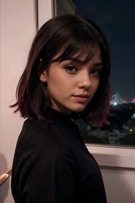 Noche tono negro por la ventana una chica guapa de cabello rosado magenta mirando el cielo nocturno