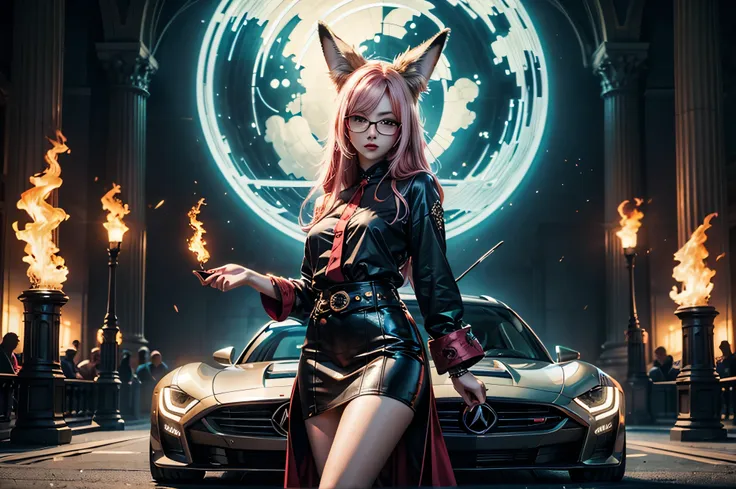 on top of the hood of luxurious car sitting a female kitsune in seductive pose, she have red long hair with pink highlights, cha...