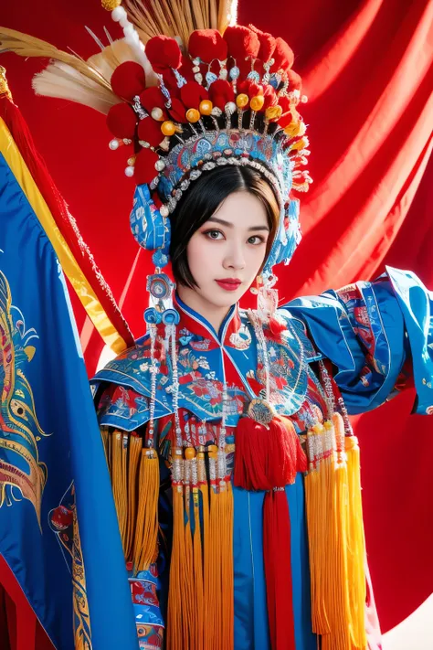 masterpiece：（（（CNOperaflag）））， 8K，portrait photography，sportsman，shocking，movie quality，。C&amp;Fera Crown， from the front， looking at viewer， dark color makeup, Detailed description of the face。Exquisite headdress， fancy costumes， nipple tassel。chinese red...