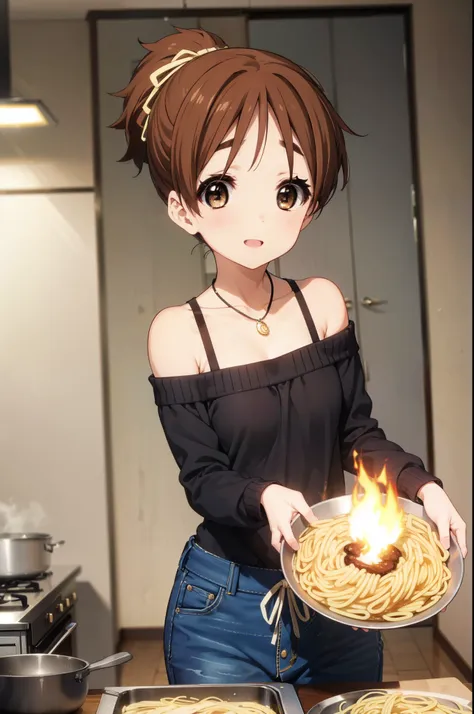 konuihirasawa, yu hirasawa, short hair, brown hair, (brown eyes:1.5), ponytail,happy smile, smile, open your mouth,off-the-shoul...