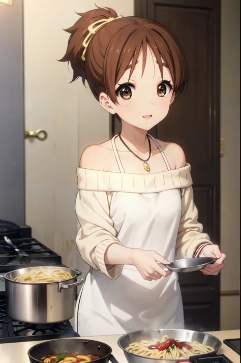 konuihirasawa, yu hirasawa, short hair, brown hair, (brown eyes:1.5), ponytail,happy smile, smile, open your mouth,off-the-shoul...