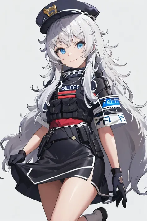 masutepiece, Best Quality, hight resolution, 1girl in, Solo, Long hair, hat, Blue eyes, White hair, hair messy, Black Gloves, White socks, Police Uniform, Black skirt, Short sleeves, Cowboy Shot,