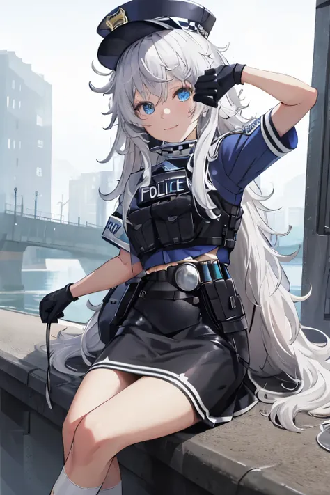 masutepiece, Best Quality, hight resolution, 1girl in, Solo, Long hair, hat, Blue eyes, White hair, hair messy, Black Gloves, White socks, Police Uniform, Black skirt, Short sleeves, Cowboy Shot,