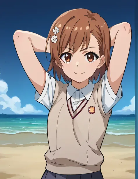 score_9, score_8_up, score_7_up, source_anime,
mikotomisaka, mikoto misaka, short hair, brown hair, hair ornament, hair flower, brown eyes,
skirt, shirt, , white shirt, short sleeves, pleated skirt, grey skirt, sweater vest, tokiwadai ,
closed mouth, solo,...