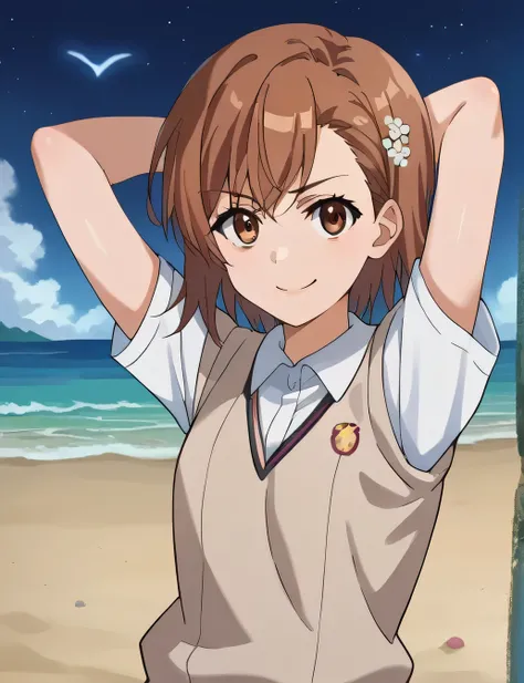 score_9, score_8_up, score_7_up, source_anime,
mikotomisaka, mikoto misaka, short hair, brown hair, hair ornament, hair flower, brown eyes,
skirt, shirt, , white shirt, short sleeves, pleated skirt, grey skirt, sweater vest, tokiwadai ,
closed mouth, solo,...