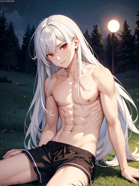 1 man,guy, handsome,Sitting on a hill, at night,,white hair, long hair, red eyes,No shirt (nude), black shorts,at night,ultra detail, perfect face, clear face, HD face,Ultra detailed face,half body photo