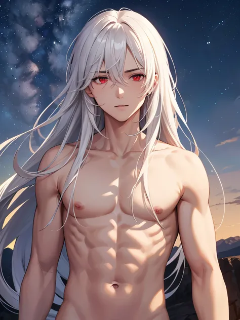 1 man,guy, handsome,Standing on a hill, at night,,white hair, long hair, red eyes,No clothes (nude), black underwear,at night,ultra detail, perfect face, clear face, HD face,Ultra detailed face,half body photo