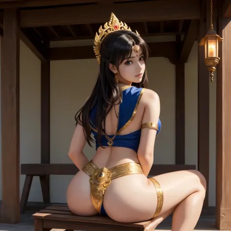 there is a woman that is sitting on a wooden bench, indian  goddess, hyperrealistic , a hyperrealistic , the anime girl is crouching, beautiful anime girl squatting, ultra realistic picture, beautiful angle, very perfect position, character is in her natur...