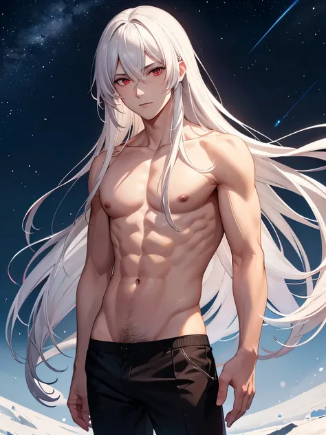 1 man,guy, handsome,Standing on a hill, at night,,white hair, long hair, red eyes,No clothes (nude), black underwear,at night,ultra detail, perfect face, clear face, HD face,Ultra detailed face,half body photo